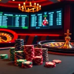 Joueurs engagés élaborant des stratégies sur les meilleurs sites de paris sportifs, avec des jetons de poker et des tickets de pari.