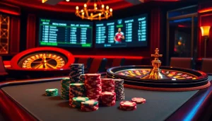 Joueurs engagés élaborant des stratégies sur les meilleurs sites de paris sportifs, avec des jetons de poker et des tickets de pari.