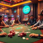 Experience high-stakes excitement at Lu88's luxurious poker table with flashing chips and vibrant cards.