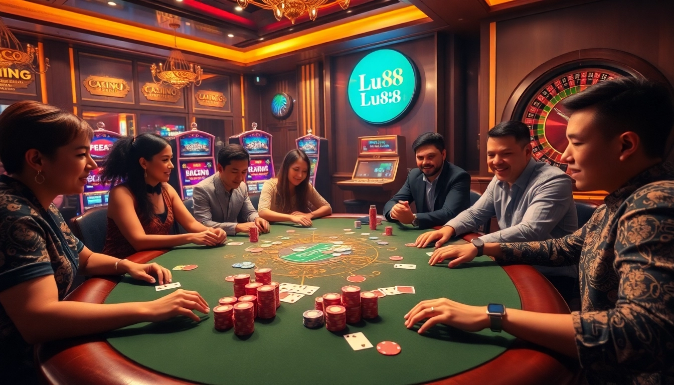 Experience high-stakes excitement at Lu88's luxurious poker table with flashing chips and vibrant cards.