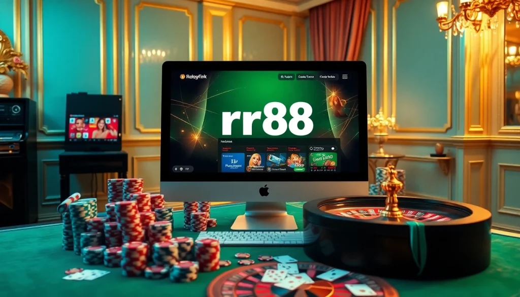 Experience the excitement of casino games at rr88 link with engaging visuals of poker chips and cards.