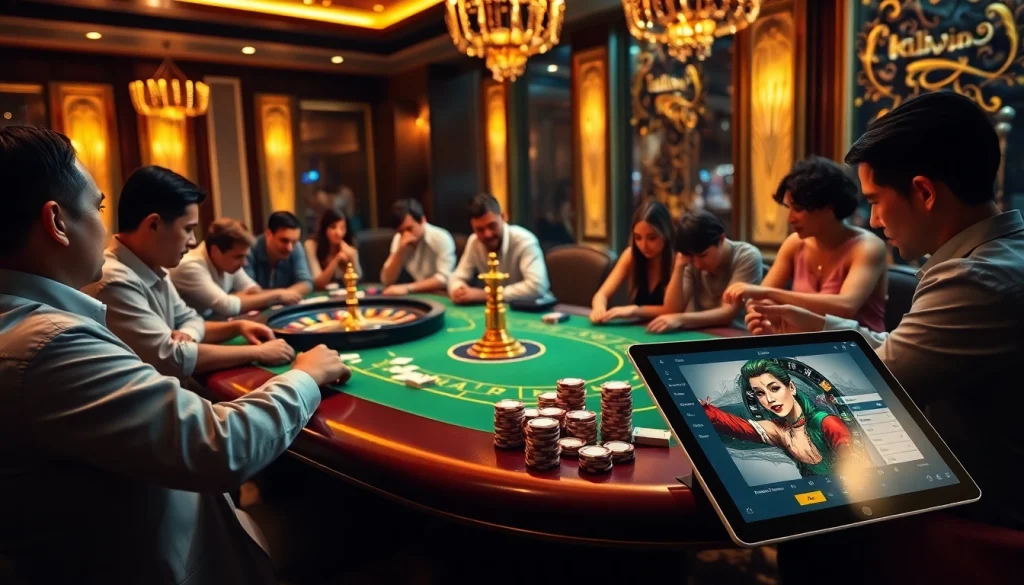Players enjoying a thrilling game at rikvip's luxurious casino table, surrounded by colorful chips.