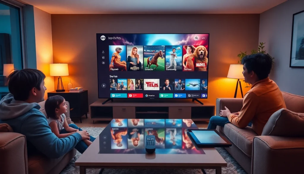 Iron TV Pro IPTV interface displayed on a Smart TV in a cozy living room showcasing vibrant entertainment options.