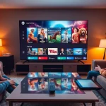 Iron TV Pro IPTV interface displayed on a Smart TV in a cozy living room showcasing vibrant entertainment options.