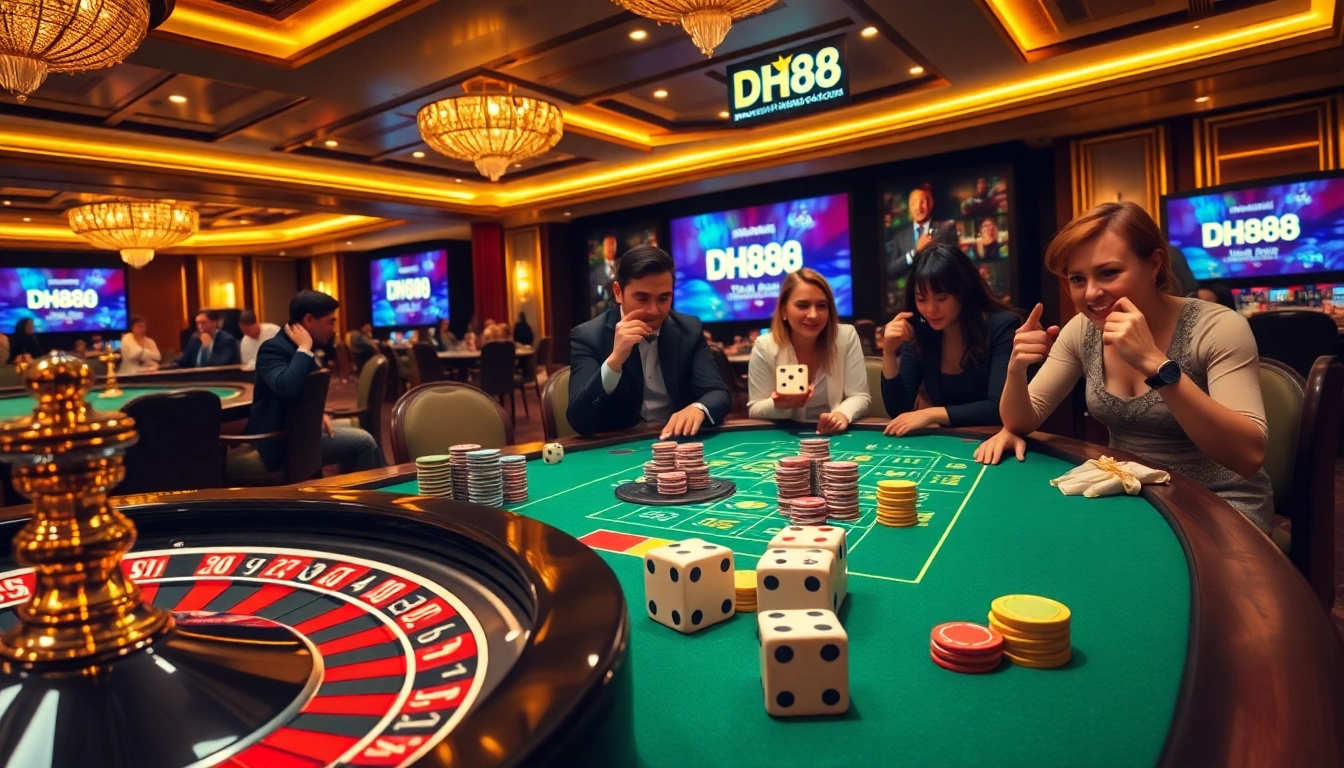 Engage with DH88 casino excitement at vibrant roulette tables and players enjoying big wins.