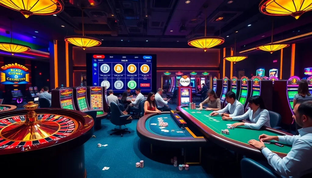 Engage in the excitement of casino crypto games at a vibrant casino with roulette and slot machines.