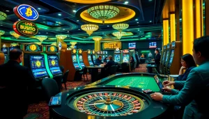 Des joueurs profitant de jeux passionnants dans des casinos crypto avec des machines à sous colorées et des tables de poker.