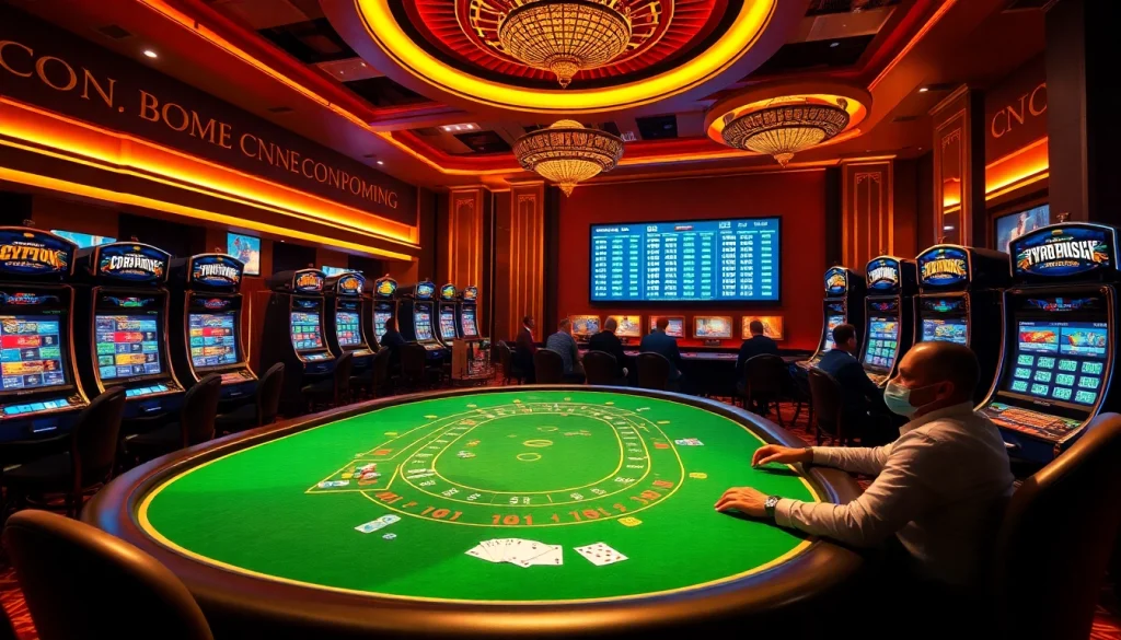 Engage in thrilling casino crypto gameplay amidst vibrant slot machines and poker tables.