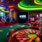 Engaging scene of players at the qh88 casino table with chips and cards.