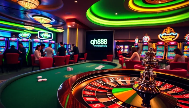 Engaging scene of players at the qh88 casino table with chips and cards.