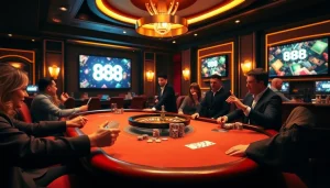 Catch the excitement at u 888 with a luxurious poker table and vibrant casino atmosphere.