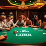 LU88 poker players engaging with high-stakes chips and cards in an upscale casino.