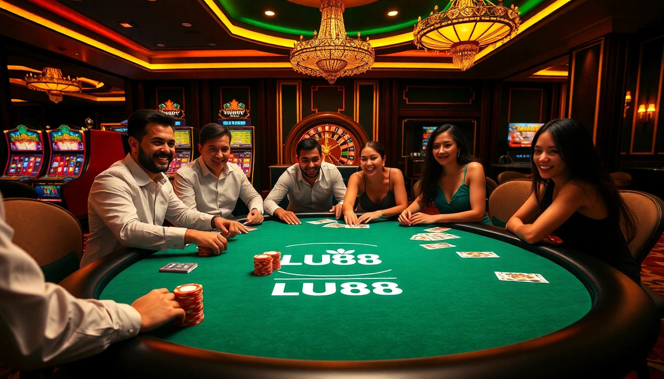 LU88 poker players engaging with high-stakes chips and cards in an upscale casino.