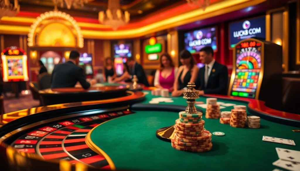 A vibrant casino scene showcasing LUCK8 COM with poker chips and roulette excitement.