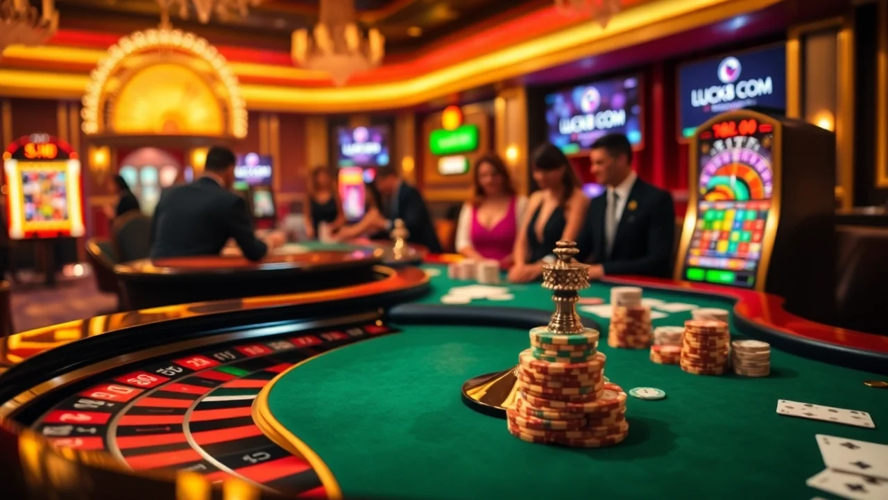 A vibrant casino scene showcasing LUCK8 COM with poker chips and roulette excitement.