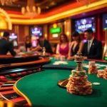 A vibrant casino scene showcasing LUCK8 COM with poker chips and roulette excitement.