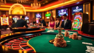A vibrant casino scene showcasing LUCK8 COM with poker chips and roulette excitement.