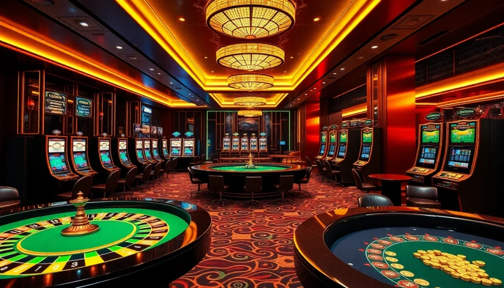 Scène captivante de joueurs profitant des jeux dans des casinos crypto, avec un éclairage vibrant et des tables luxueuses.