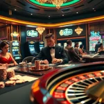 Engaging players at a QQ88 casino table amid vibrant slots and roulette excitement.
