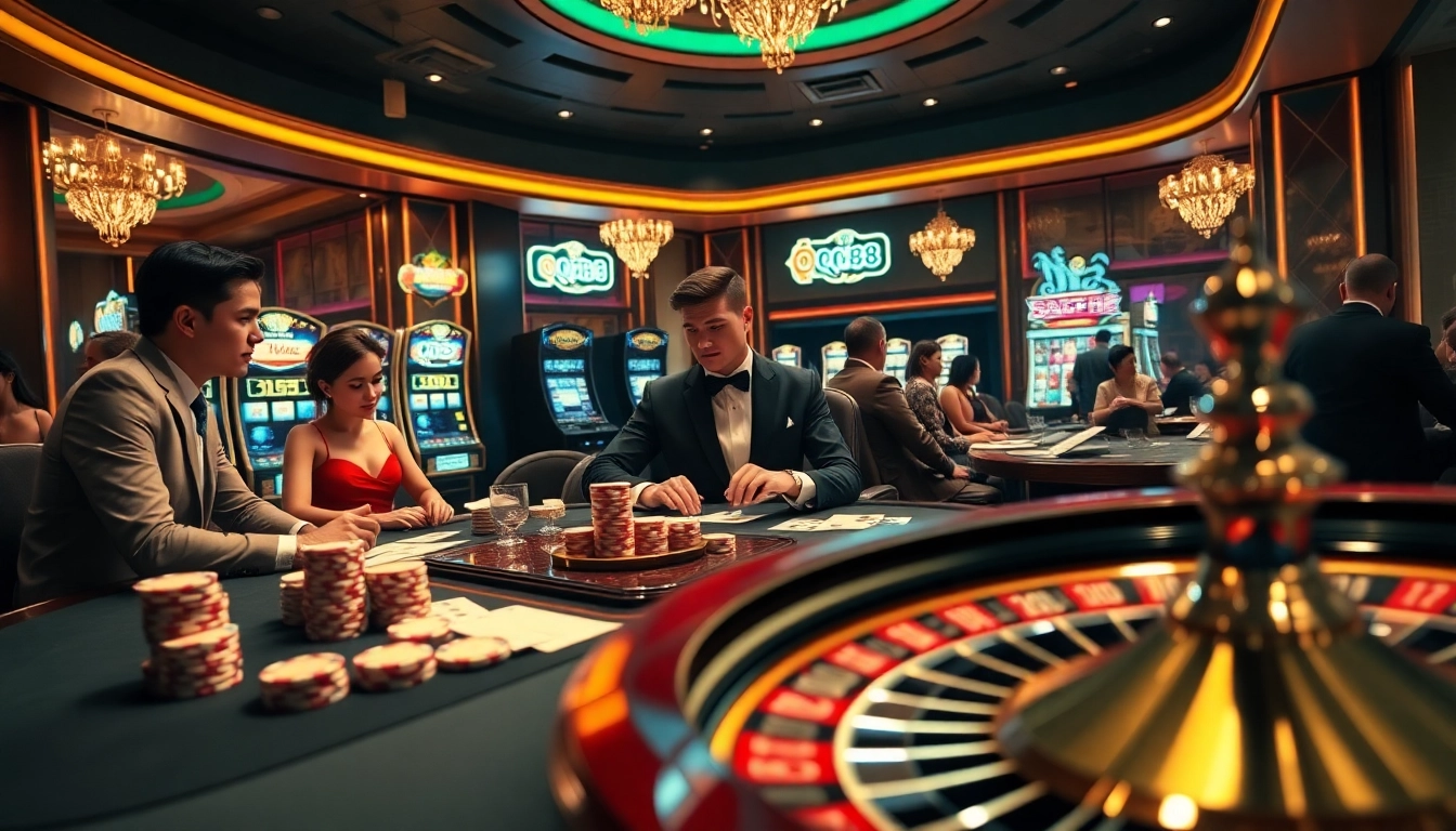 Engaging players at a QQ88 casino table amid vibrant slots and roulette excitement.