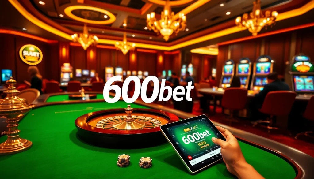 Experimenta la emoción de ganar con 600bet en un lujoso entorno de casino con mesas, fichas y apuestas digitales.