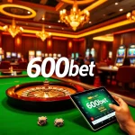 Experimenta la emoción de ganar con 600bet en un lujoso entorno de casino con mesas, fichas y apuestas digitales.