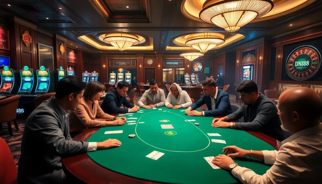 Engage in thrilling gaming at DN88 casino, featuring an elegant poker table and vibrant slot machines.