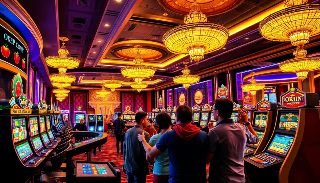 Players celebrating a win at Okfun casino, surrounded by vibrant slot machines and poker tables.