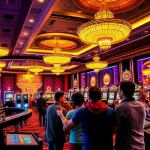 Players celebrating a win at Okfun casino, surrounded by vibrant slot machines and poker tables.