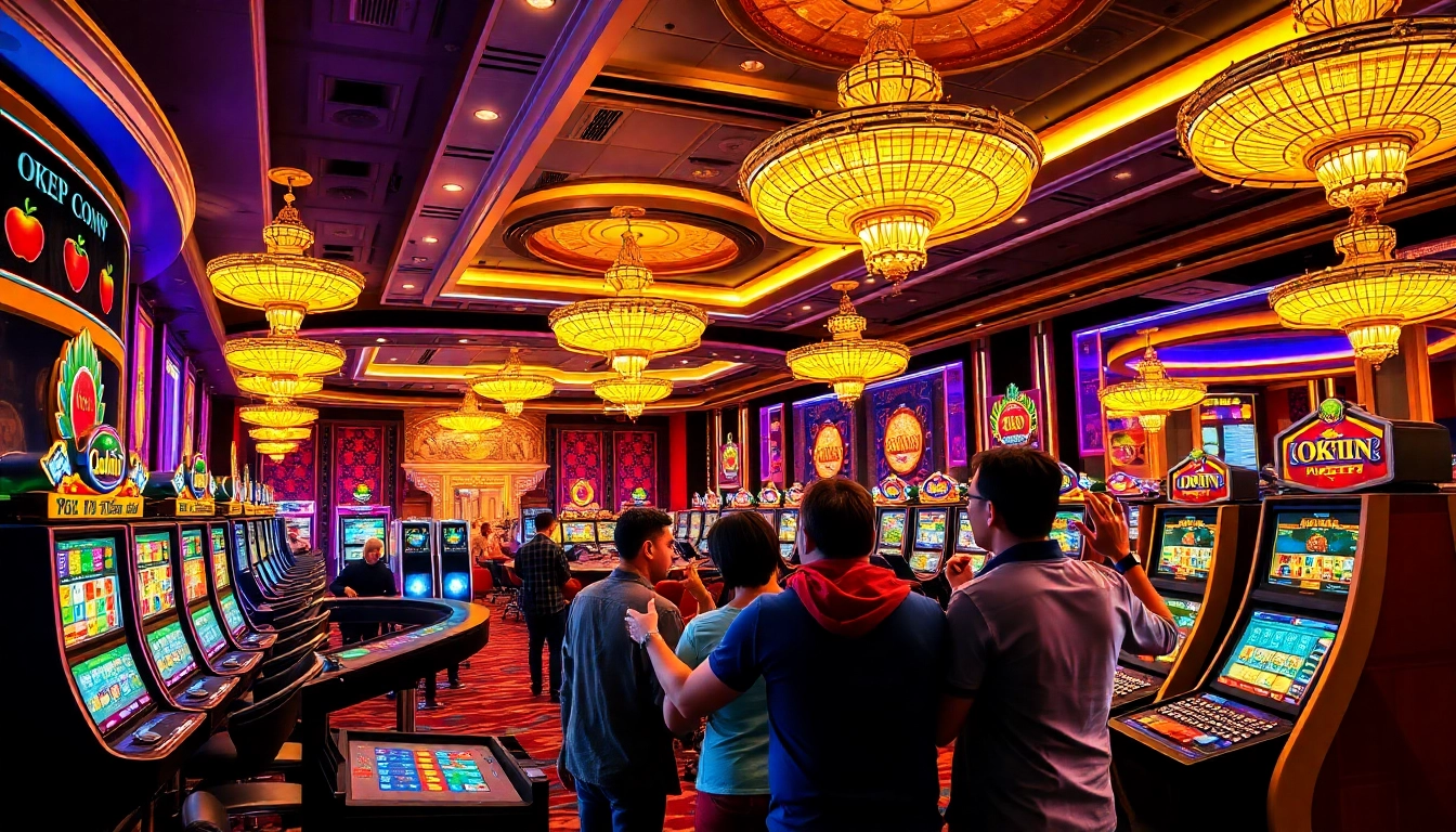 Players celebrating a win at Okfun casino, surrounded by vibrant slot machines and poker tables.