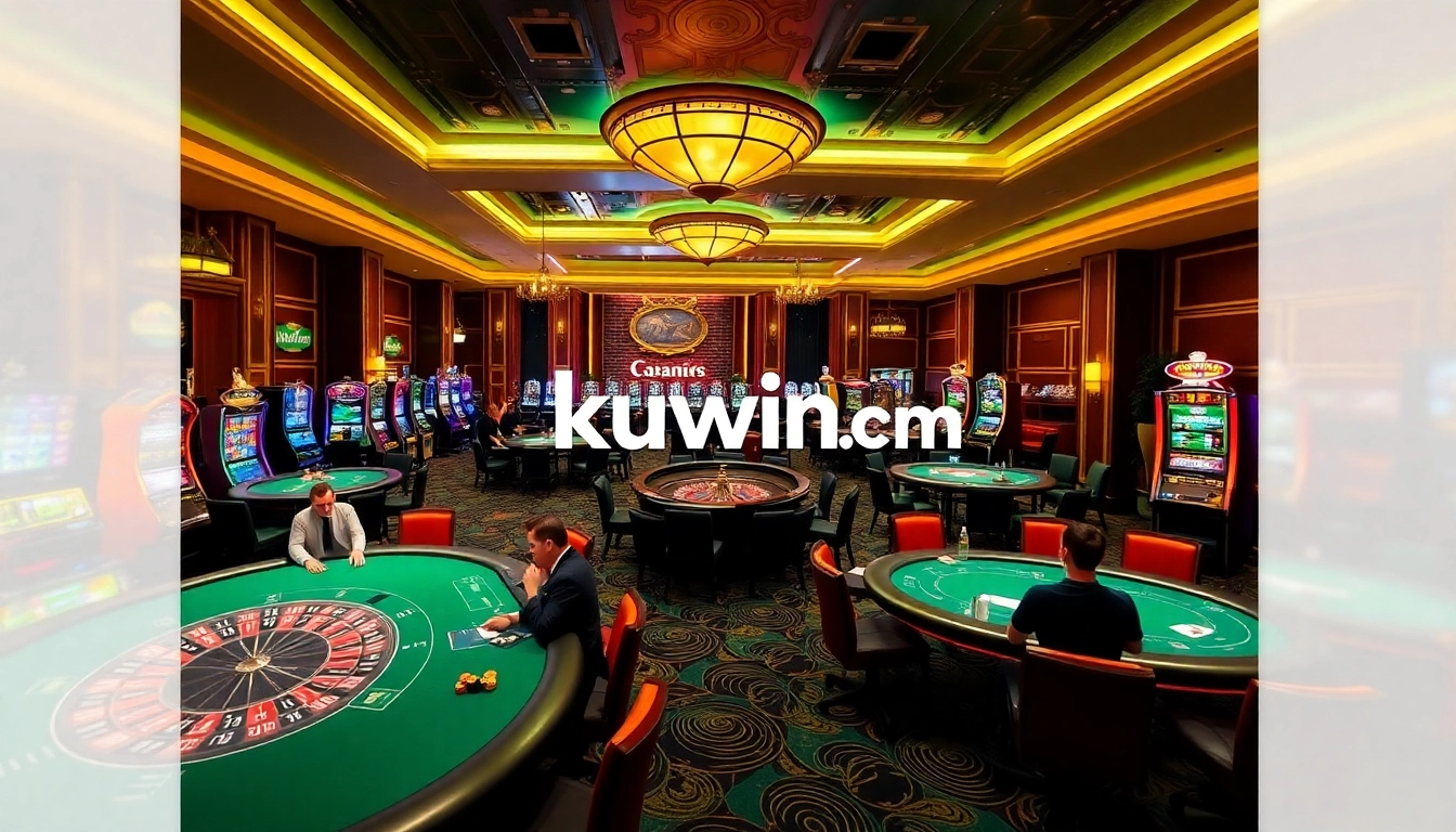 Kuwin .com players enjoying various casino games in a vibrant, luxurious environment.