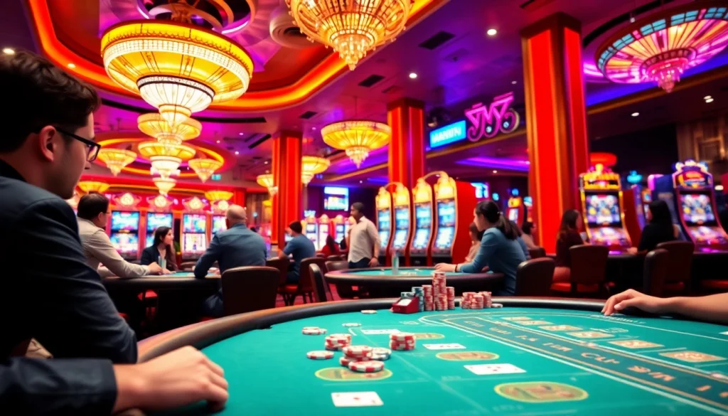 Joueurs dans un casino en ligne argent réel, participant à des jeux captivants avec une ambiance dynamique.