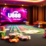 U888 gambling scene featuring colorful poker chips and a roulette wheel in an exciting casino atmosphere.