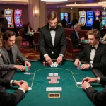 79KING poker enthusiasts concentrating on high-stakes game at an upscale casino table