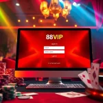 Enjoying a thrilling gaming experience with Đăng Nhập Nhà Cái 68VIP visible on a sleek device amidst casino elements like poker chips and cards.