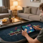 Player engaging in live dealer roulette game on f168. com, showing tablet with game interface and cozy home setup.