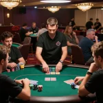 CM88 players strategizing bets at a live poker tournament in an upscale casino.