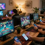 Players enjoying engaging gameplay on the 98win casino app amid a vibrant home setting