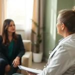 Illustration of a therapist addressing depression symptoms in a calming office setting.