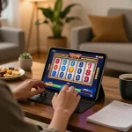 Engaging gameplay experience at bet88.com with vibrant slot game on tablet, creating a cozy online casino atmosphere.