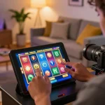 Player spinning slot machine on tablet in cozy home gaming atmosphere.
