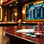 Betting on kèo bóng đá in a luxurious casino setting with poker chips and a roulette wheel.