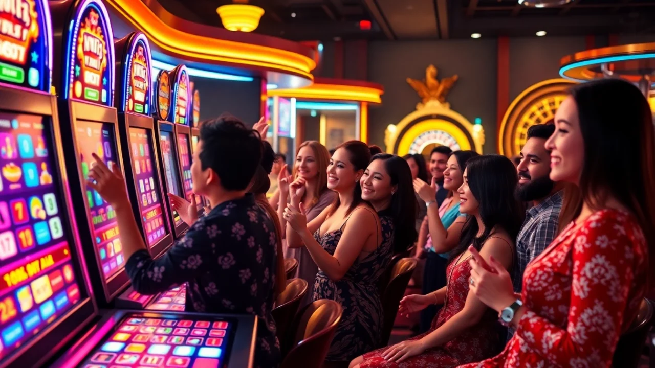 Gamblers celebrating wins at vibrant nổ hũ slot machines in a luxurious casino atmosphere.