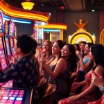 Gamblers celebrating wins at vibrant nổ hũ slot machines in a luxurious casino atmosphere.