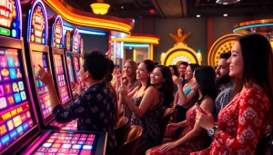Gamblers celebrating wins at vibrant nổ hũ slot machines in a luxurious casino atmosphere.