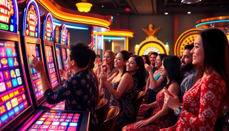 Gamblers celebrating wins at vibrant nổ hũ slot machines in a luxurious casino atmosphere.