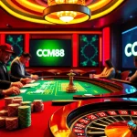 CM88 logo displayed on an exciting casino table with poker cards and chips.