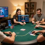 LC 88 online poker game in cozy home setting, players strategizing with chips and cards.