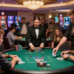 F168 players strategizing in an upscale casino during blackjack games, vibrant atmosphere.