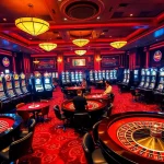 Jouer à des jeux dans un casino en ligne France avec des lumières vives et des tables de roulette.